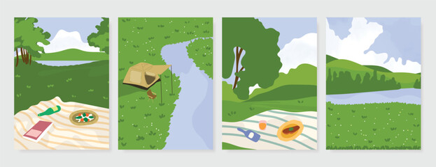 Fototapeta premium Abstract Green Summer landscape background vector set. Nature wallpaper of green field on mountain, yellow flowers, blue sky , birds, river. Watercolor illustration for cover, wall art, decoration.