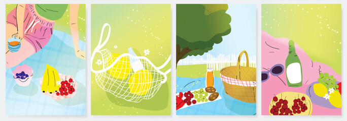 Naklejka premium Abstract Green Summer landscape background vector set. Nature wallpaper of green field on mountain, yellow flowers, blue sky , birds, river. Watercolor illustration for cover, wall art, decoration.