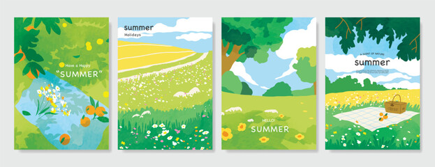 Fototapeta premium Abstract Green Summer landscape background vector set. Nature wallpaper of green field on mountain, yellow flowers, blue sky , birds, river. Watercolor illustration for cover, wall art, decoration.