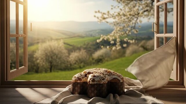 Traditional easter kulich on wooden windowsill with spring countryside view. Blooming cherry trees and green rolling hills in sunlight. Holiday renewal and baking concept for seasonal celebrations