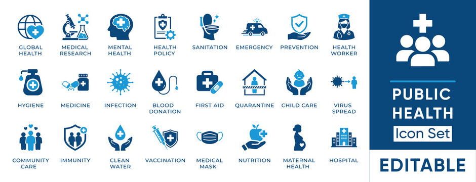 Public health icon set. Containing hospital, vaccination, emergency, hygiene, immunity, medicine, quarantine and more. Solid vector icons collection.