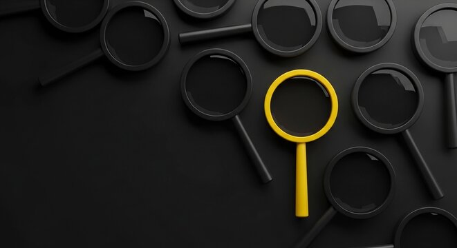 A yellow magnifying glass stands out among black ones on a dark surface