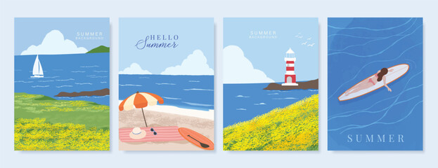 Fototapeta premium Abstract Green Summer landscape background vector set. Nature wallpaper of green field on mountain, yellow flowers, blue sky , birds, river. Watercolor illustration for cover, wall art, decoration.