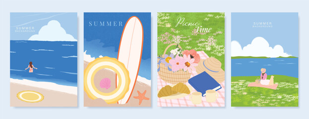 Naklejka premium Abstract Green Summer landscape background vector set. Nature wallpaper of green field on mountain, yellow flowers, blue sky , birds, river. Watercolor illustration for cover, wall art, decoration.