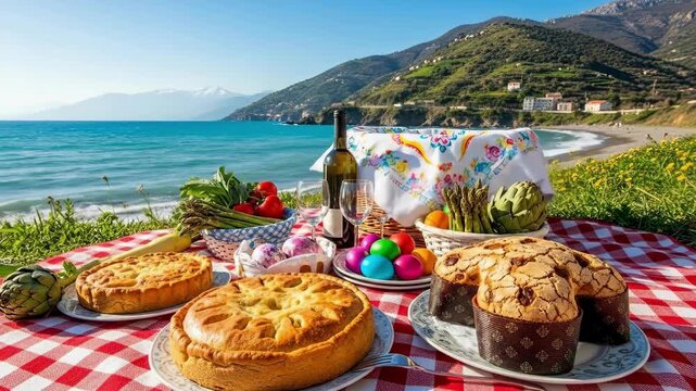 Easter picnic by the sea with colomba cake painted eggs and vegetables. Traditional holiday meal on checkered blanket in scenic coastal landscape with mountains. Spring outdoor celebration concept