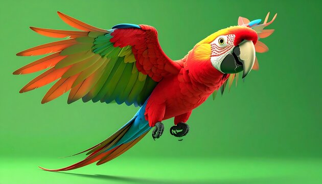 Vibrant Scarlet Macaw Parrot in Mid-Flight Against a Solid Green Background.