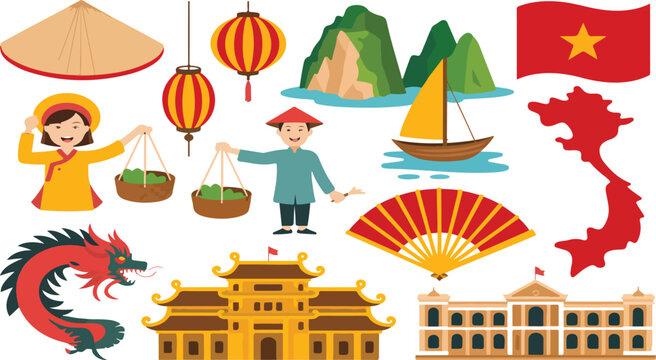 Travel to Vietnam infographic banner featuring cultural elements, landmarks, food, map, flag, Ho Chi Minh Mausoleum, Pho, and Saigon Cathedral cartoon illustration