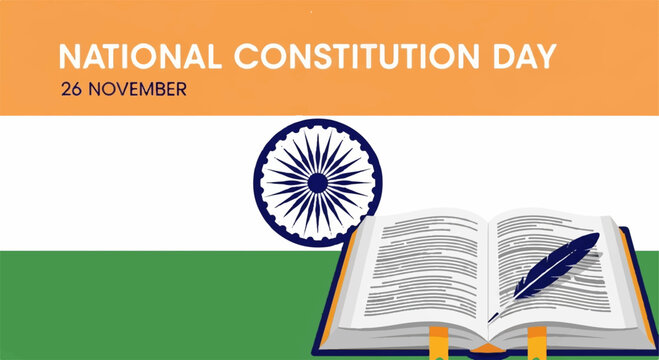National constitution day india 26 november indian flag book pen wheel symbol celebration