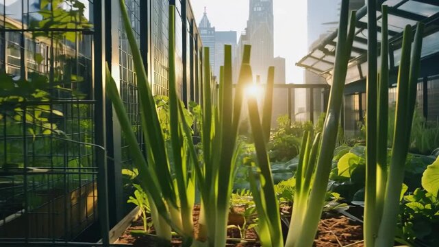 Urban Oasis: Vibrant greenery flourishes in an urban garden, basking in the sun's embrace against the backdrop of a modern cityscape, symbolizing sustainable living and environmental harmony.