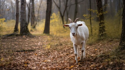 Naklejka premium White goat walking along a leaf-covered path in a tranquil forest setting with trees and autumn foliage in the background