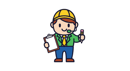 Obraz premium Cartoon construction worker holding clipboard and pencil