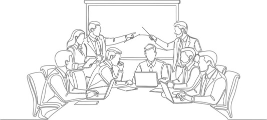 Obraz premium A continuous line art drawing of a business meeting with a team of professionals collaborating and presenting ideas in a conference room.