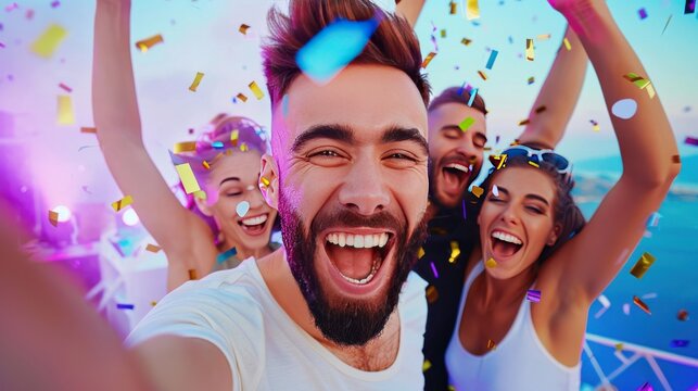 Group of diverse happy friends celebrating at a party with confetti taking a selfie for social media marketing