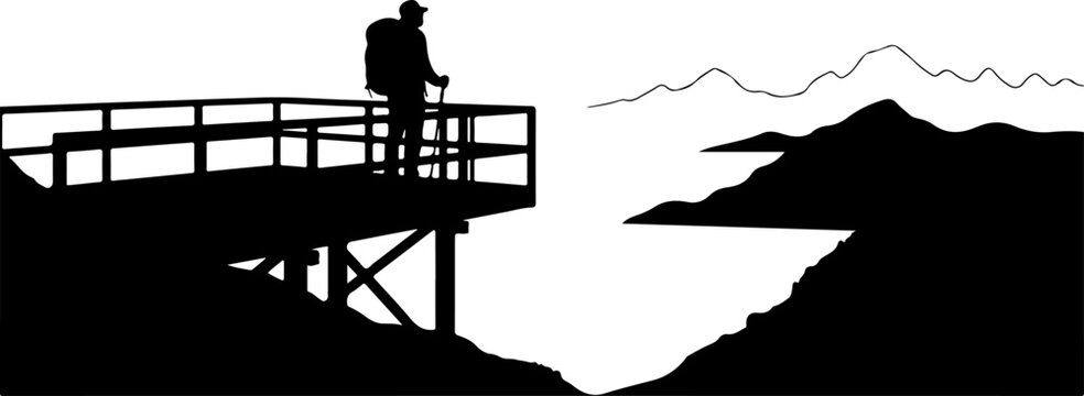 Vector silhouette of man on observation deck overlooking mountains