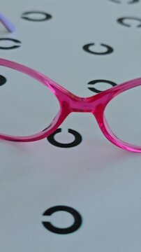 Unique pink glasses displayed on a white table with repeated letter designs in the background