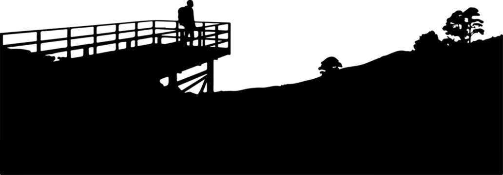 Black silhouette, observation deck, hill, trees, landscape icon
