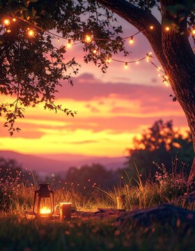 一日の終わりに安らぎと感動を演出。中央から上部にかけて広大な余白を確保した、マジックアワーの幻想的な背景素材