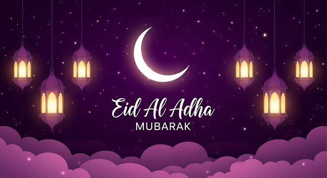 Eid al adha mubarak celebrating sacrifice and faith with crescent moon and lanterns