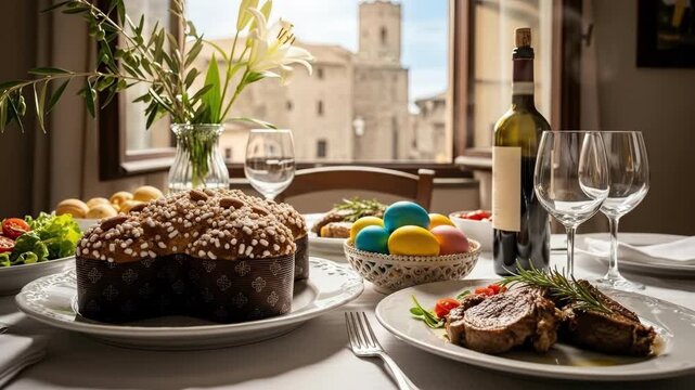 Festive easter table with italian colomba cake, colorful dyed eggs, rosemary roast beef, fresh salad and red wine. Traditional italian easter meal for family celebration in tuscan home setting