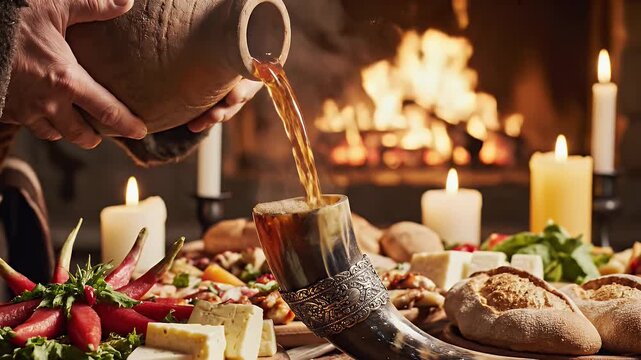 Traditional Georgian Wine Pouring From Clay Amphora Into Horn Vessel With Feast And Fireplace Background