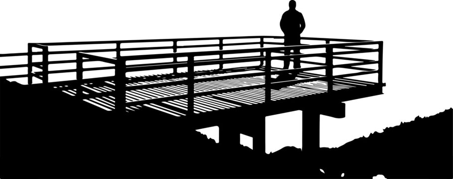 Silhouette of man on observation deck, black metal railing, hill landscape, vector illustration