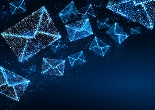 Futuristic digital envelopes composed of glowing blue dots and lines fly across a deep blue abstract background creating a vibrant high tech communica