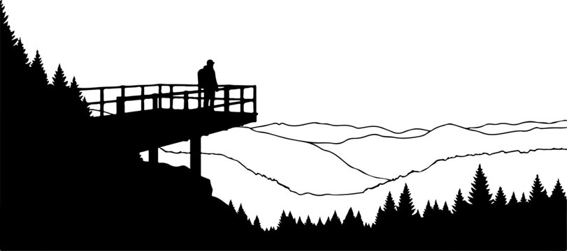 Black silhouette landscape vector, scenic overlook illustration, mountain forest view, observation deck