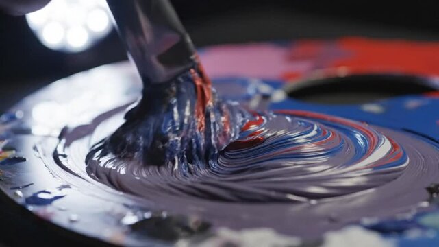 Close-up of artist mixing colors on a paint palette with a brush creating swirling patterns