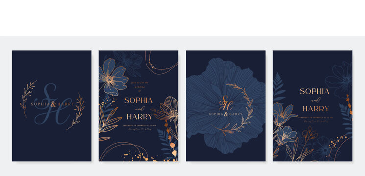 Navy Blue Luxury Wedding Invitation, floral invite thank you, rsvp modern card Design in gold flower with  leaf greenery  branches decorative Vector elegant rustic template