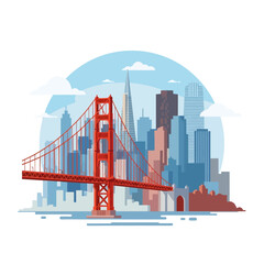 Obraz premium Golden Gate Bridge and San Francisco Skyline, Flat Design Illustration