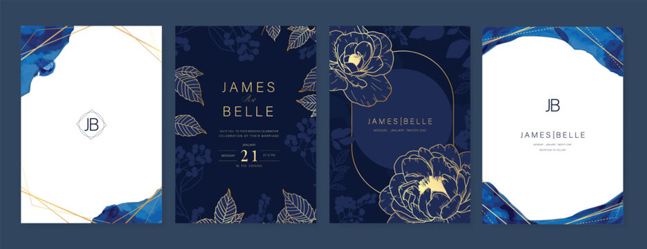 Navy Blue Luxury Wedding Invitation, floral invite thank you, rsvp modern card Design in gold flower with  leaf greenery  branches decorative Vector elegant rustic template