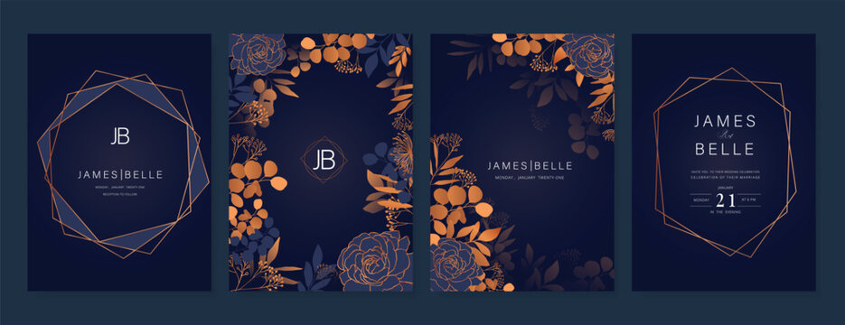 Navy Blue Luxury Wedding Invitation, floral invite thank you, rsvp modern card Design in gold flower with  leaf greenery  branches decorative Vector elegant rustic template