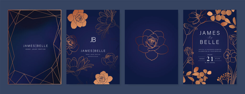 Navy Blue Luxury Wedding Invitation, floral invite thank you, rsvp modern card Design in gold flower with  leaf greenery  branches decorative Vector elegant rustic template