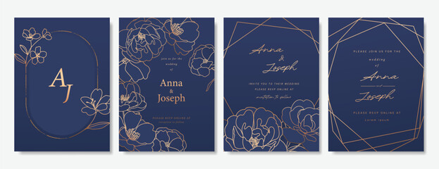 Naklejka na ściany i meble Navy Blue Luxury Wedding Invitation, floral invite thank you, rsvp modern card Design in gold flower with leaf greenery branches decorative Vector elegant rustic template