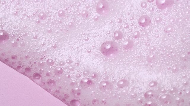 Slow motion close-up soap foam texture on pink background, white shampoo soapsud