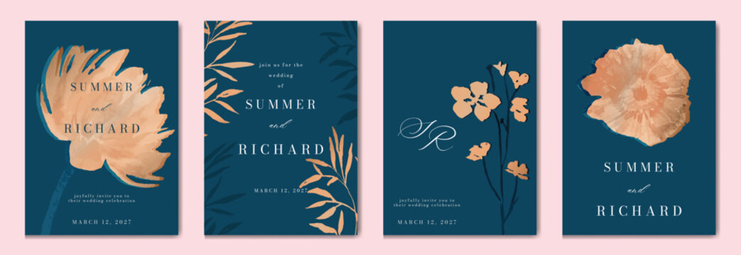 Navy Blue Luxury Wedding Invitation, floral invite thank you, rsvp modern card Design in gold flower with  leaf greenery  branches decorative Vector elegant rustic template