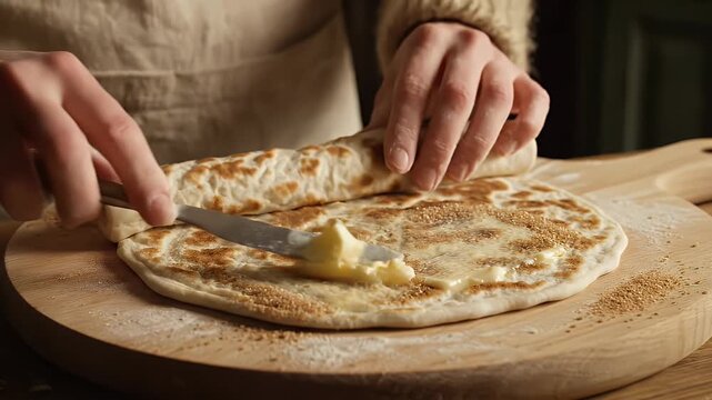 Traditional Norwegian Lefse Flatbread Preparation Close Up in Rustic Kitchen With Hands Rolling Dough on Griddle With Flour In Warm Lighting