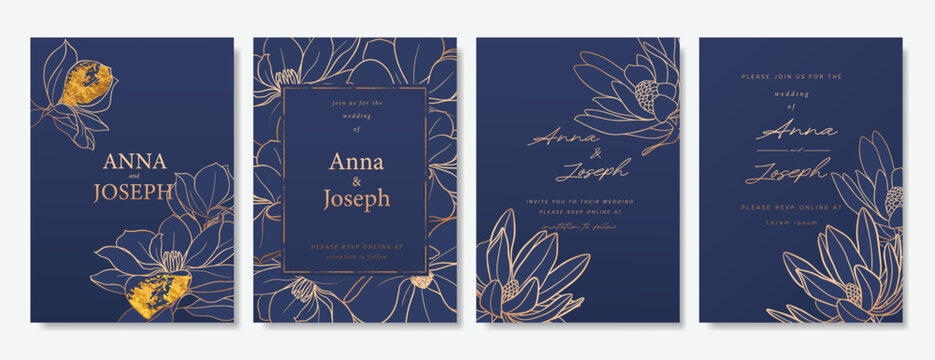 Navy Blue Luxury Wedding Invitation, floral invite thank you, rsvp modern card Design in gold flower with  leaf greenery  branches decorative Vector elegant rustic template