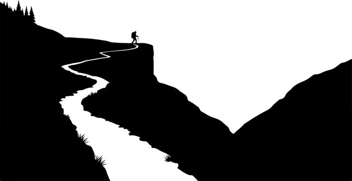 Vector silhouette of person hiking on mountain trail