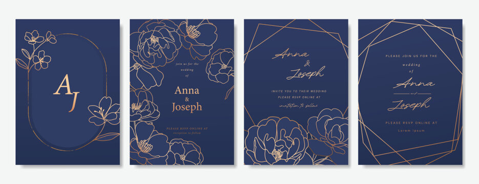 Navy Blue Luxury Wedding Invitation, floral invite thank you, rsvp modern card Design in gold flower with  leaf greenery  branches decorative Vector elegant rustic template