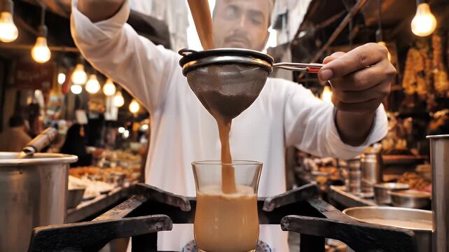Traditional Pakistani Doodh Pati Chai Preparation Boiling and Pouring in a Busy Street Market With Warm Lights