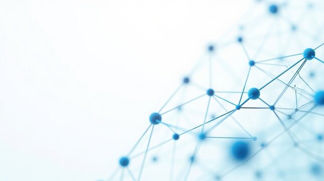 Abstract blue geometric network of interconnected nodes and lines on a clean white background, science and technology concept, abstract pattern