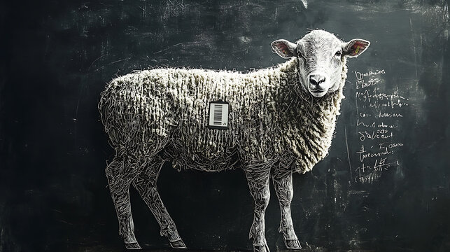 A sheep with a microchip implant stands against a dark background