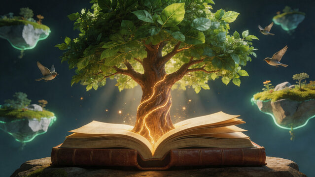 Magical tree of knowledge growing from open book with glowing veins and emerald leaves. Floating islands and birds under warm golden light against dark blue background. 3D render for education usage.