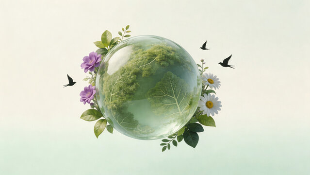 Crystal green eco planet with vegetation surrounded by purple flowers and daisies. Bird silhouettes fly over minimalist beige to cyan gradient background. Digital art for environmental concept.