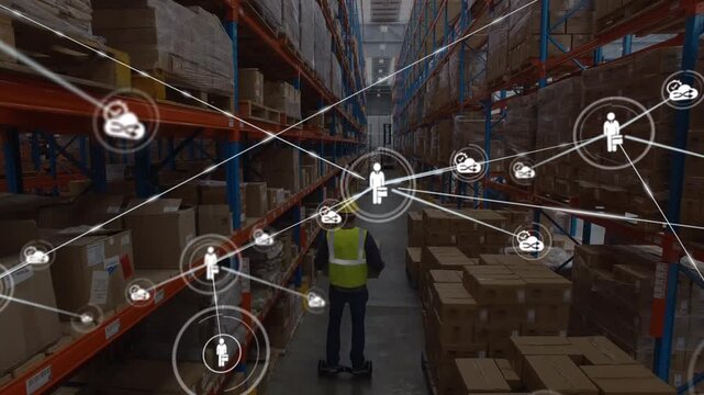 Animation of network of connections over caucasian worker in warehouse