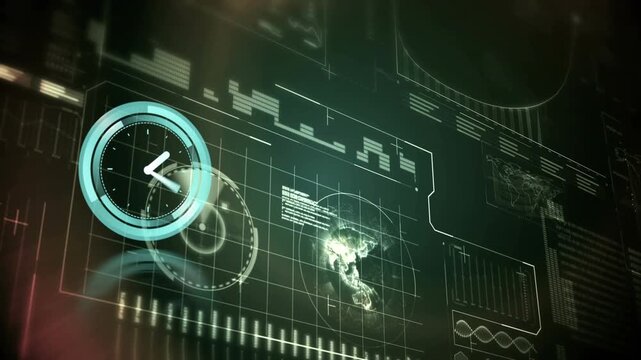 Animation of digital interface with clock over dark background