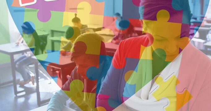 Jigsaw puzzle and heart icon against portrait of caucasian female teacher reading a book at school