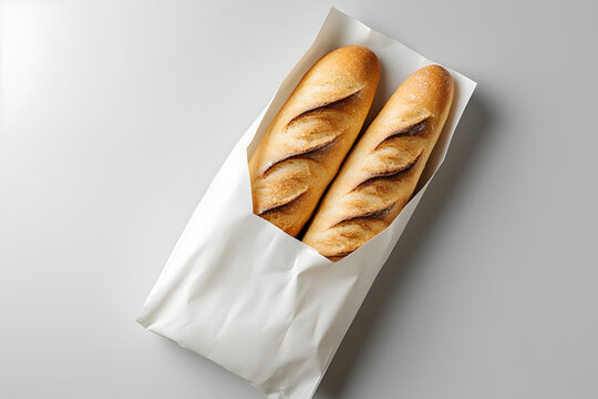 Two crusty french baguettes in a white paper bakery bag on a light background