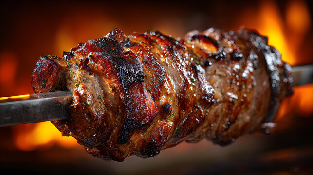 A kontosouvli, a large Greek-style rotisserie skewer, featuring succulent, slow-roasted meat with a crispy, charred exterior, cooking over an open flame